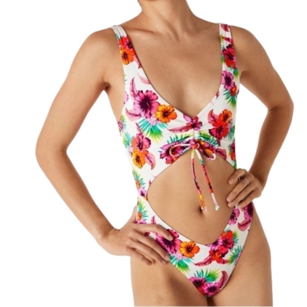 PINK Victoria's Secret White One-pc Ruched front swim suit, Vivid Floral,M NWOT